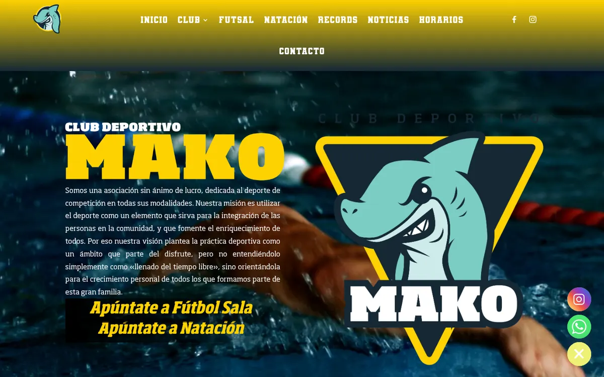 Portada de la web del Club Deportivo Mako: la mascota, un tiburón dentro de un triángulo amarillo, sobre la foto de un nadador en la piscina.