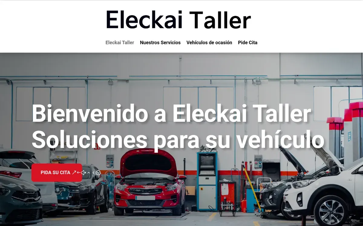 Portada de la web de Eleckai Taller: coches con el capó abierto en el taller bajo el titular «Bienvenido a Eleckai Taller. Soluciones para su vehículo» y el botón «Pida su cita».