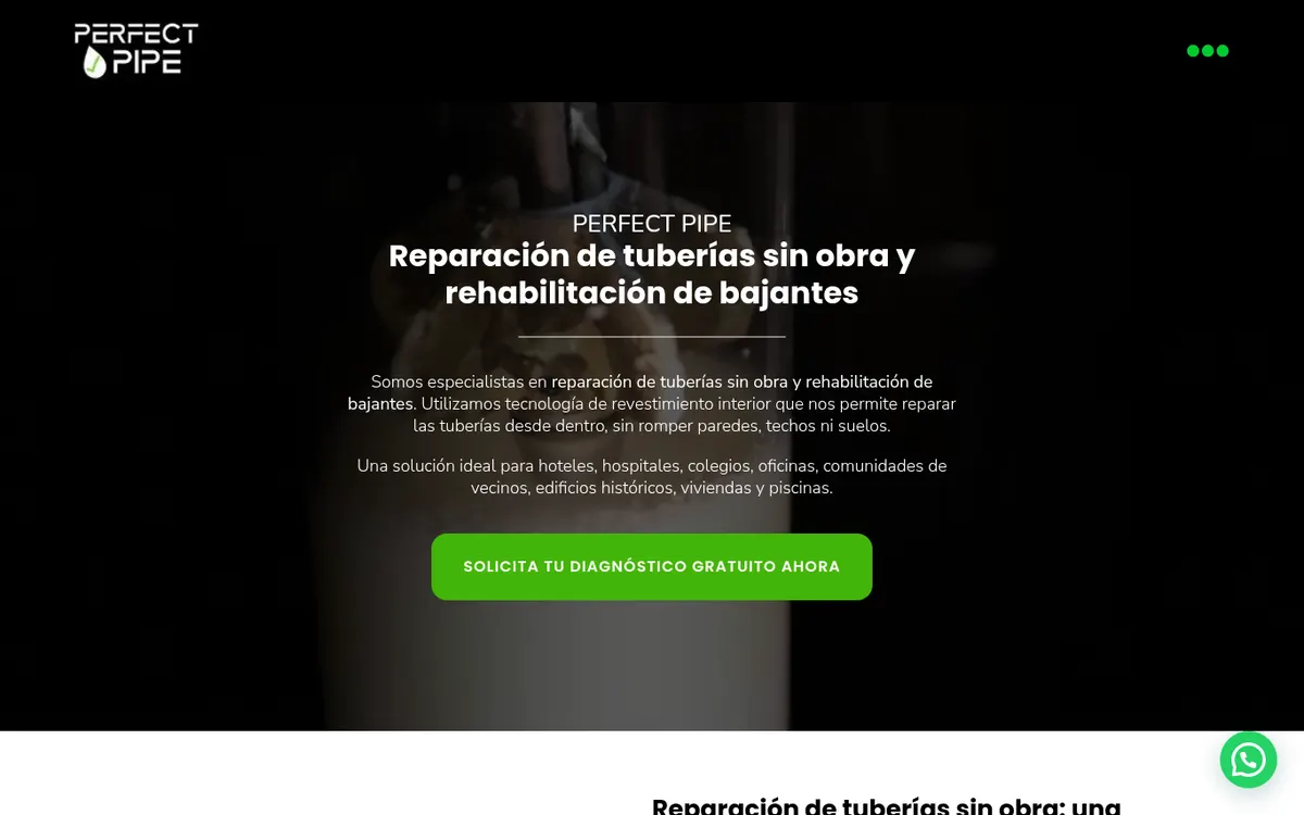 Portada de la web de PerfectPipe sobre fondo oscuro: el titular «Reparación de tuberías sin obra y rehabilitación de bajantes» y un botón verde para pedir un diagnóstico.