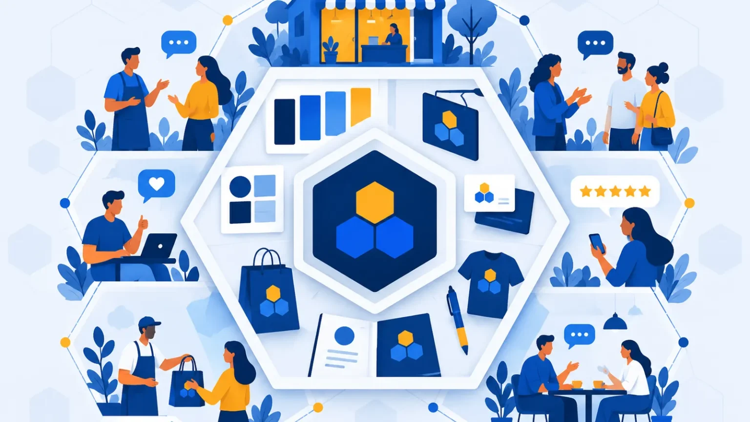 Ilustración: tres hexágonos concéntricos con el símbolo en el centro, el kit de marca alrededor y clientes y tienda en el anillo exterior