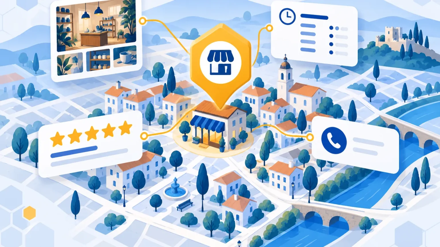 Ilustración: plano de un pueblo con un comercio marcado por un gran pin, rodeado de fotos, horario, estrellas y teléfono