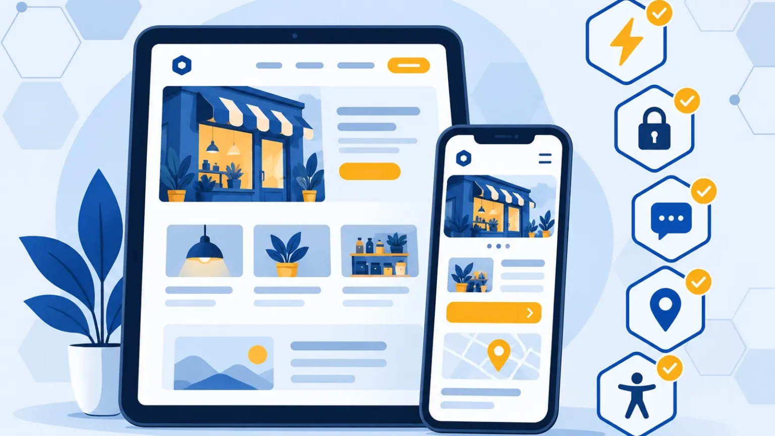 Ilustración: la web de una pyme en tableta y móvil junto a una lista marcada: velocidad, seguridad, contacto, mapa y accesibilidad