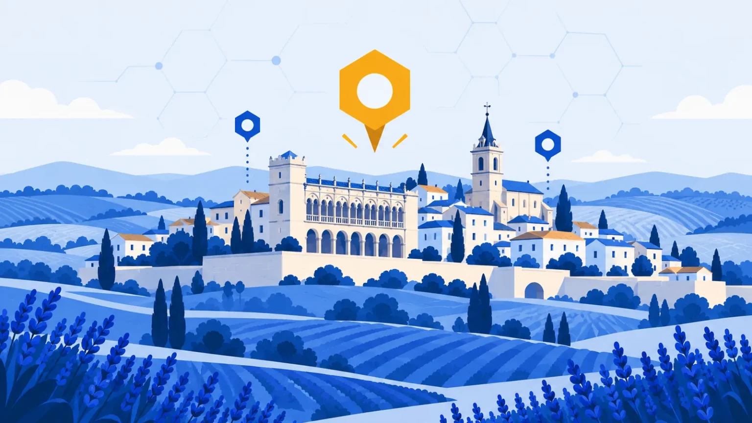 Ilustración: Guadalajara con su palacio de arcadas y una torre entre campos y lavanda de la Alcarria, bajo un pin de mapa hexagonal